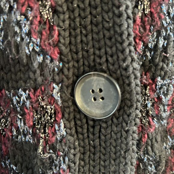 Lucky Brand  Cardigan Black Red Shine Fair Isle Button Up Grandpa chunky boho XS - Picture 8 of 14
